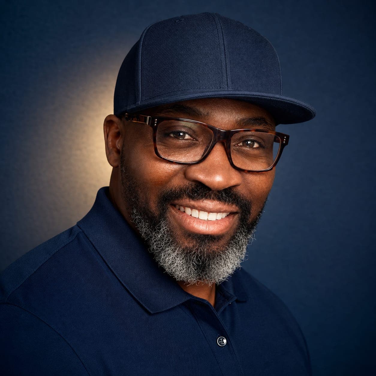 Portrait de Darius Kudu, souriant, portant une casquette et des lunettes