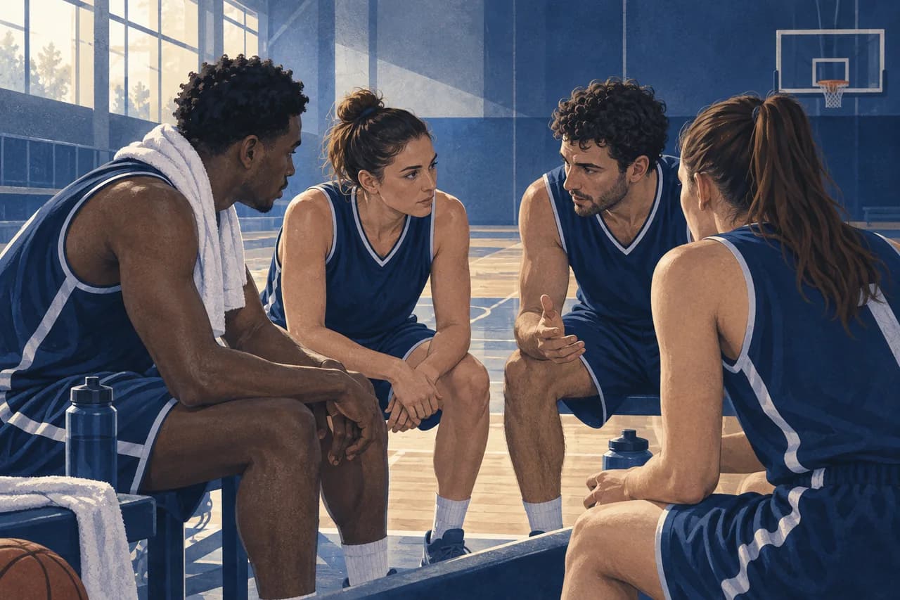 Illustration de quatre basketteurs réunis avant le jeu