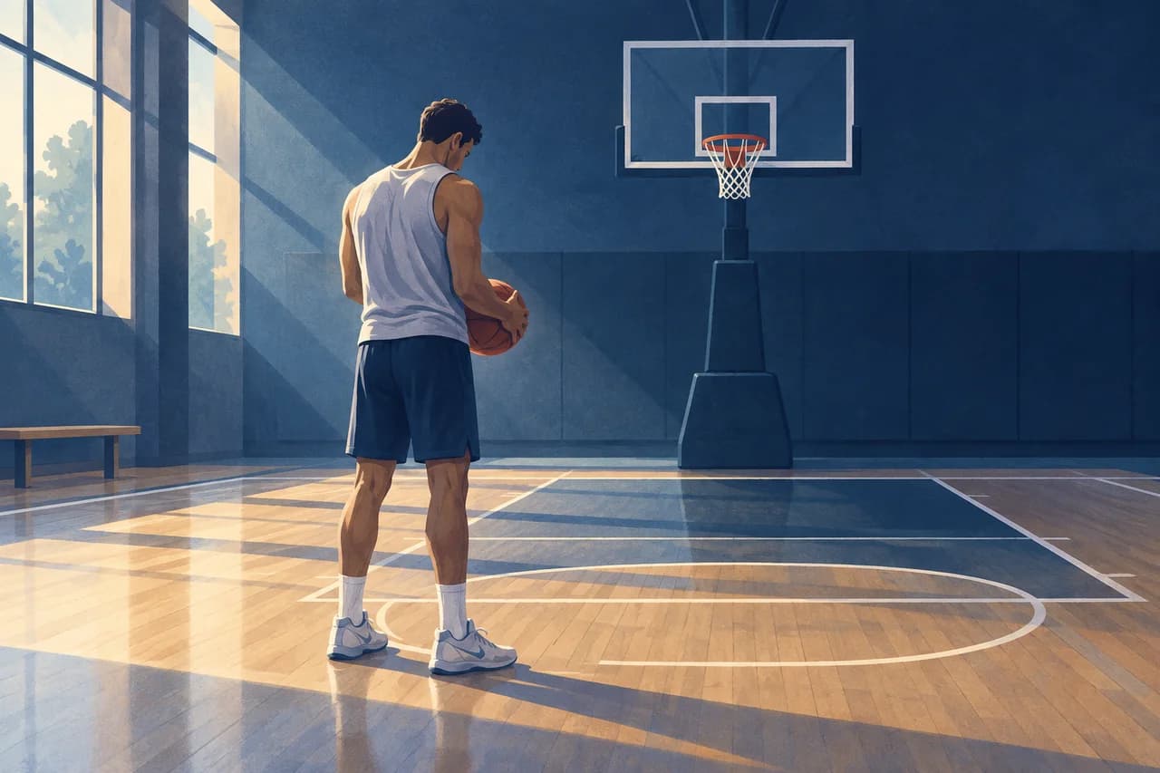 Illustration d'un sportif sur un terrain de basket, concentré avant un lancer franc